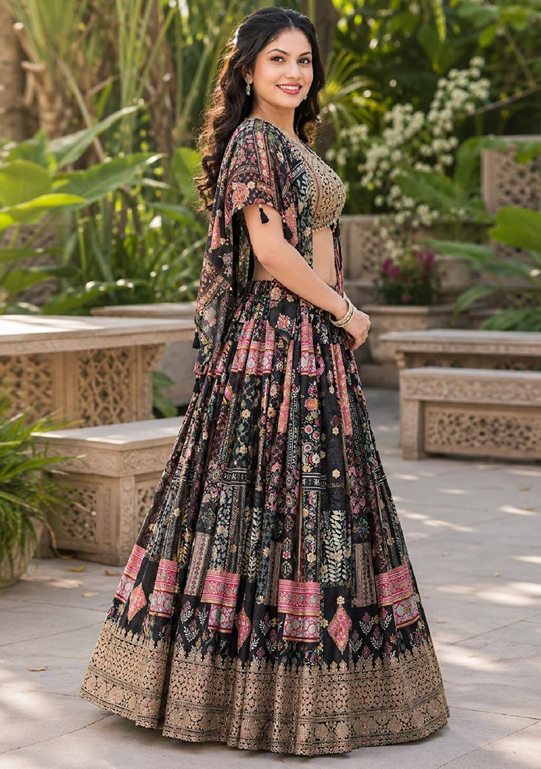 Black Embroidery Chinon Lehenga Set - Indya