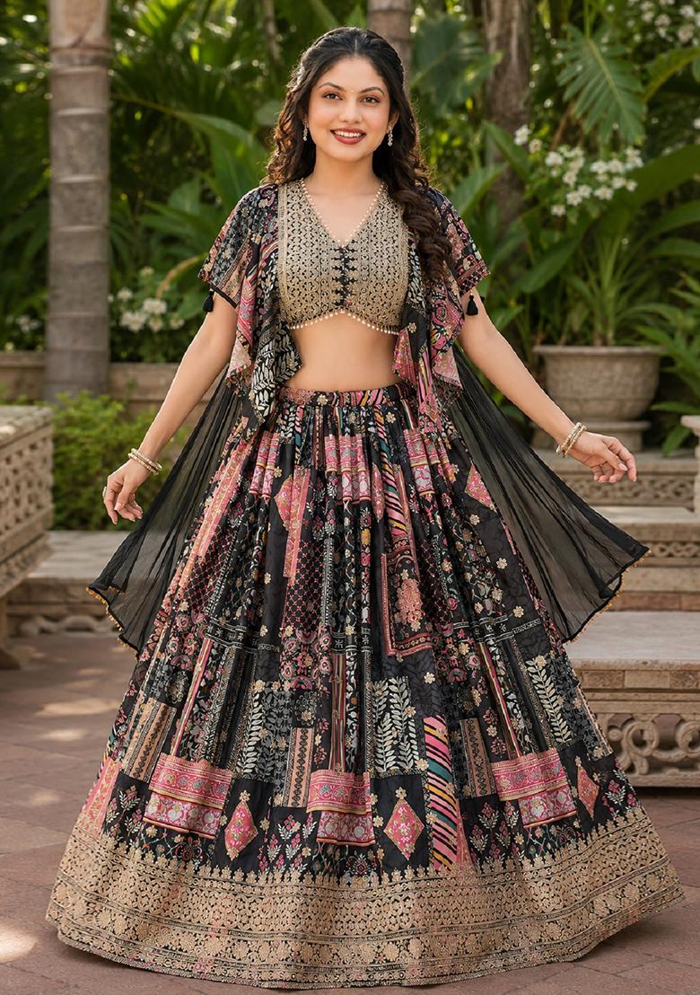 Black Embroidery Chinon Lehenga Set - Indya