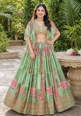 Green Embroidery Chinon Lehenga Set