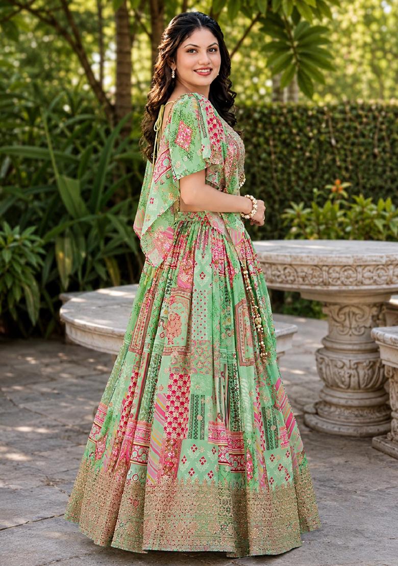 Green Embroidery Chinon Lehenga Set - Indya