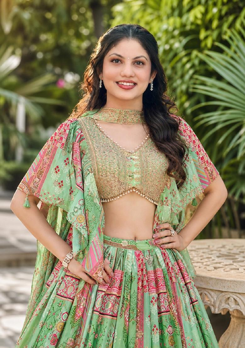 Green Embroidery Chinon Lehenga Set - Indya