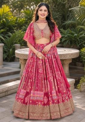 Pink Embroidery Chinon Lehenga Set