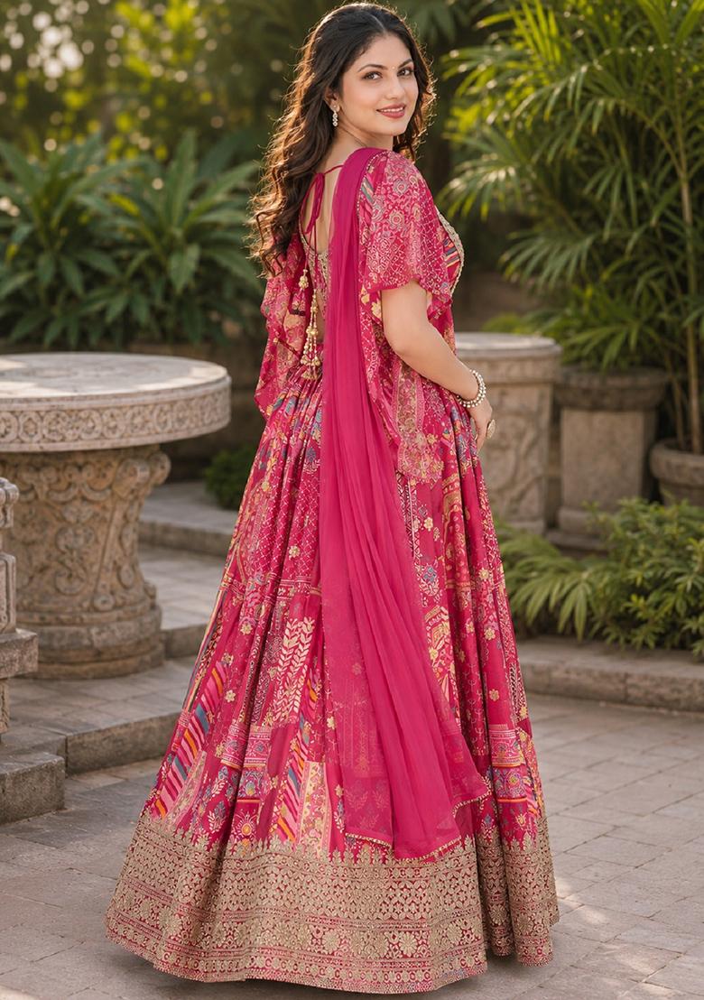 Pink Embroidery Chinon Lehenga Set - Indya