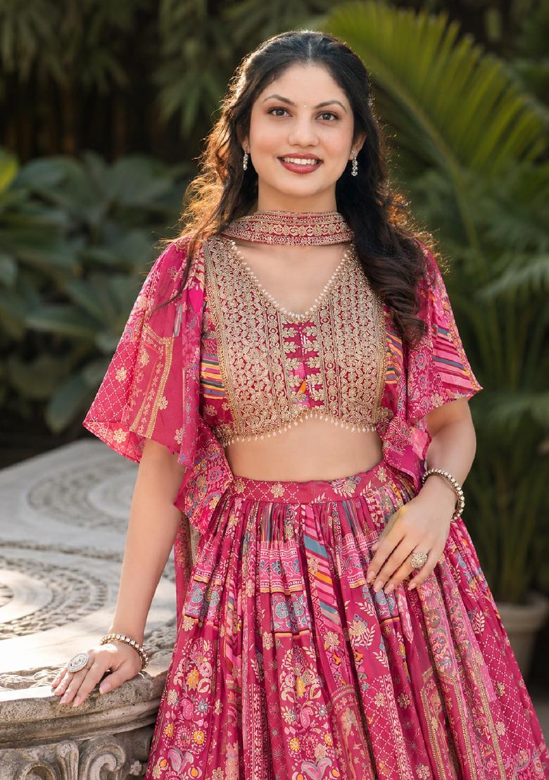 Pink Embroidery Chinon Lehenga Set - Indya