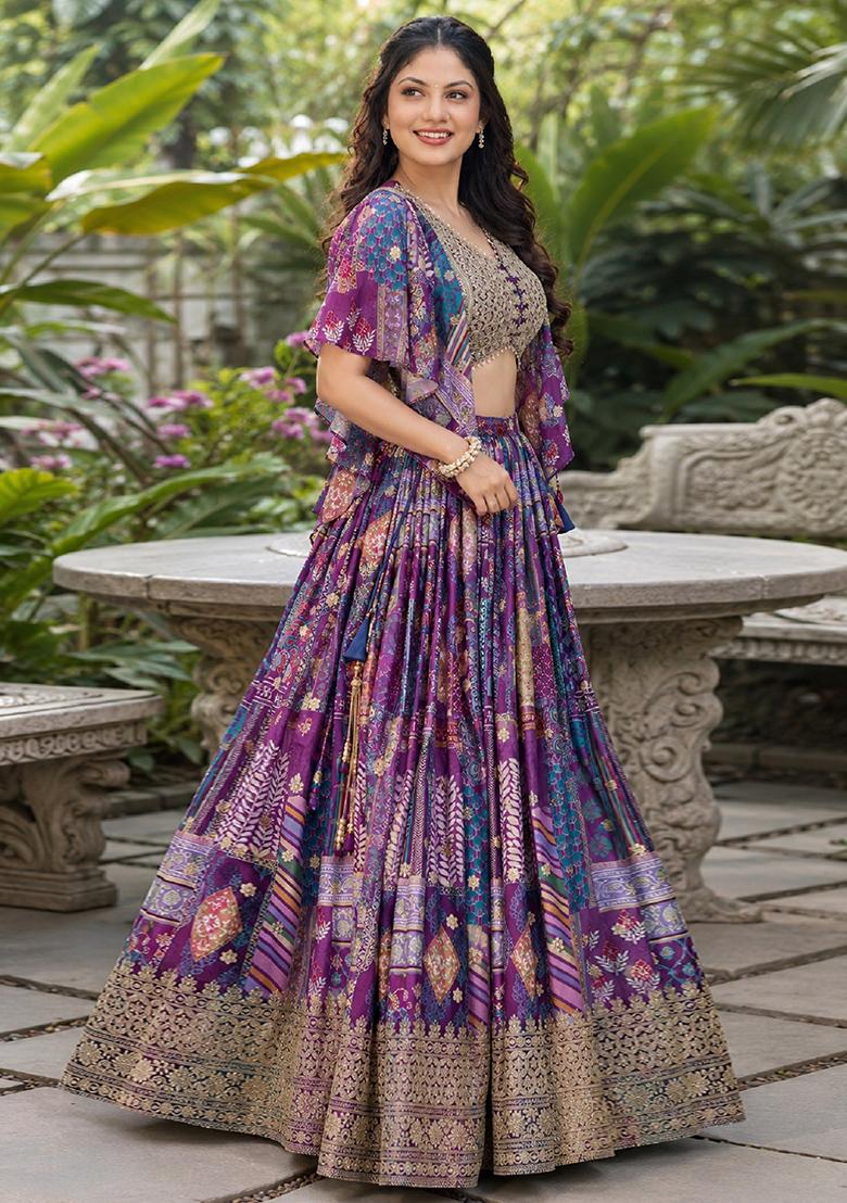 Purple Embroidery Chinon Lehenga Set - Indya