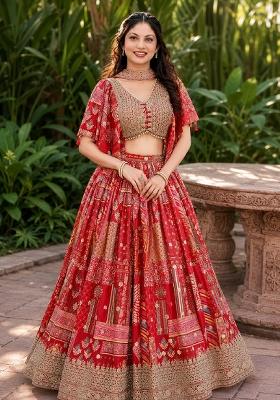 Red Embroidery Chinon Lehenga Set