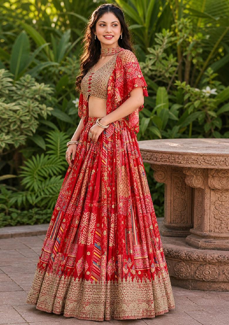 Red Embroidery Chinon Lehenga Set - Indya