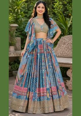 Sky Blue Embroidery Chinon Lehenga Set