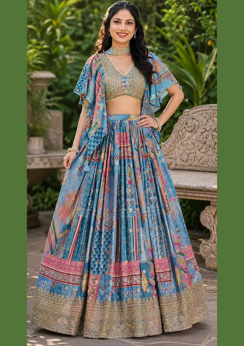 Sky Blue Embroidery Chinon Lehenga Set for Diwali and Festive Wear - Indya