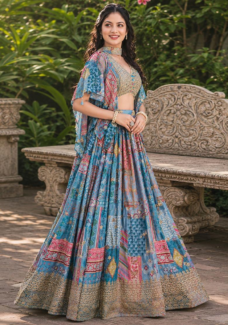 Sky Blue Embroidery Chinon Lehenga Set - Indya