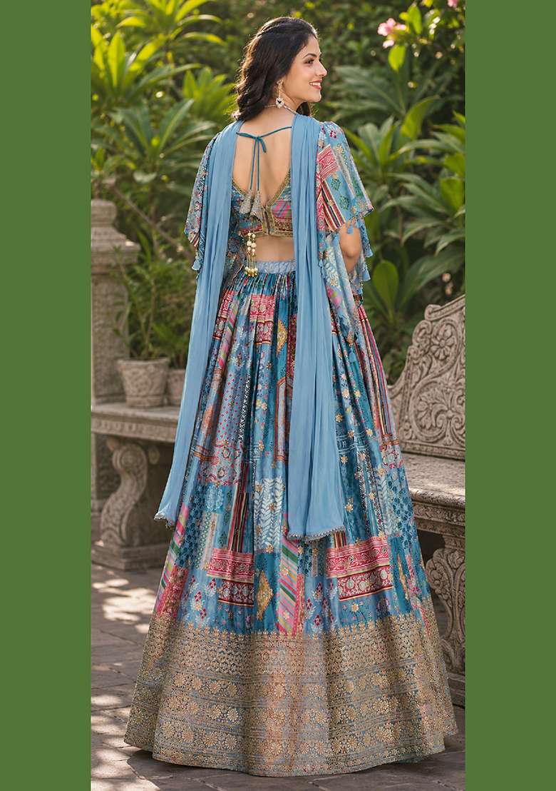 Sky Blue Embroidery Chinon Lehenga Set for Diwali and Festive Wear - Indya