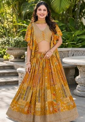 Yellow Embroidery Chinon Lehenga Set