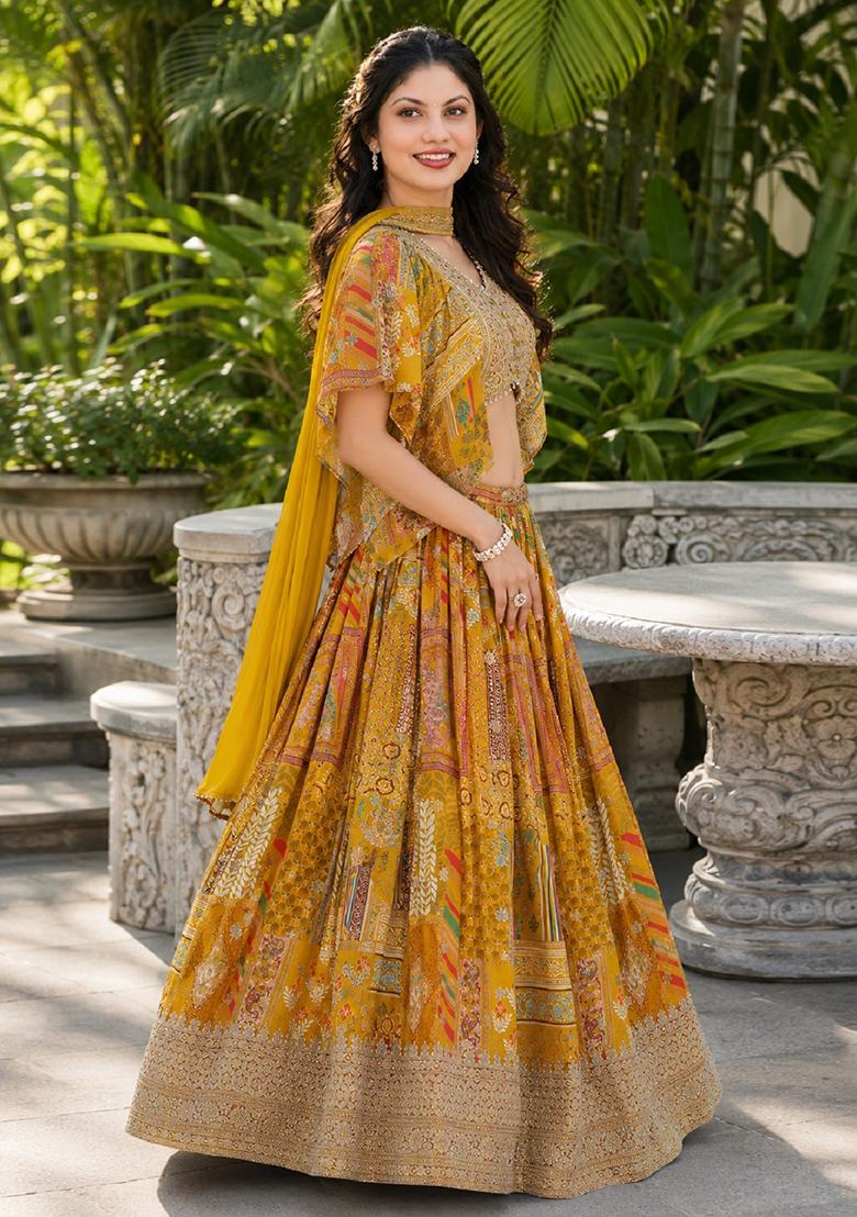 Yellow Embroidery Chinon Lehenga Set - Indya