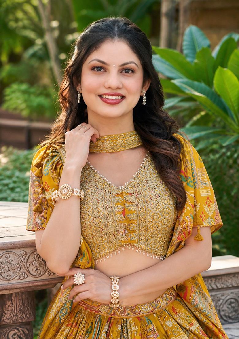 Yellow Embroidery Chinon Lehenga Set - Indya