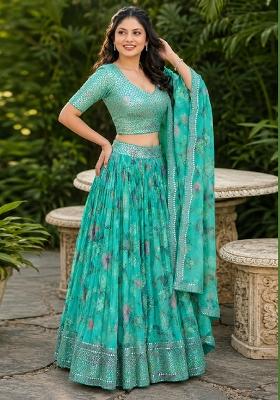 Blue Embroidery Organza Lehenga Set