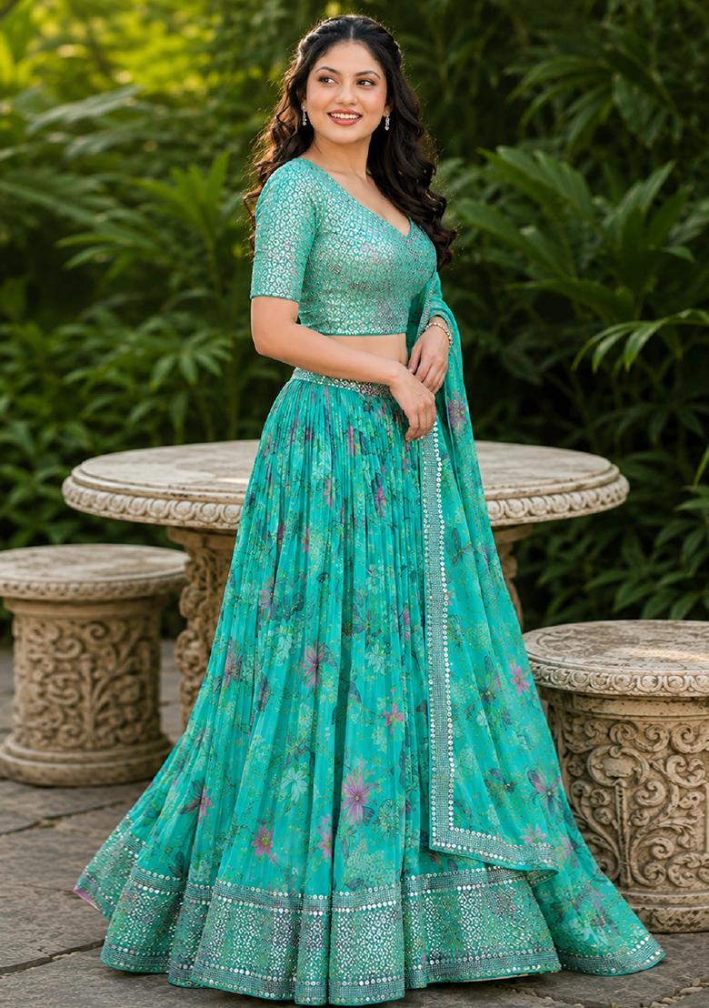 Blue Embroidery Organza Lehenga Set - Indya