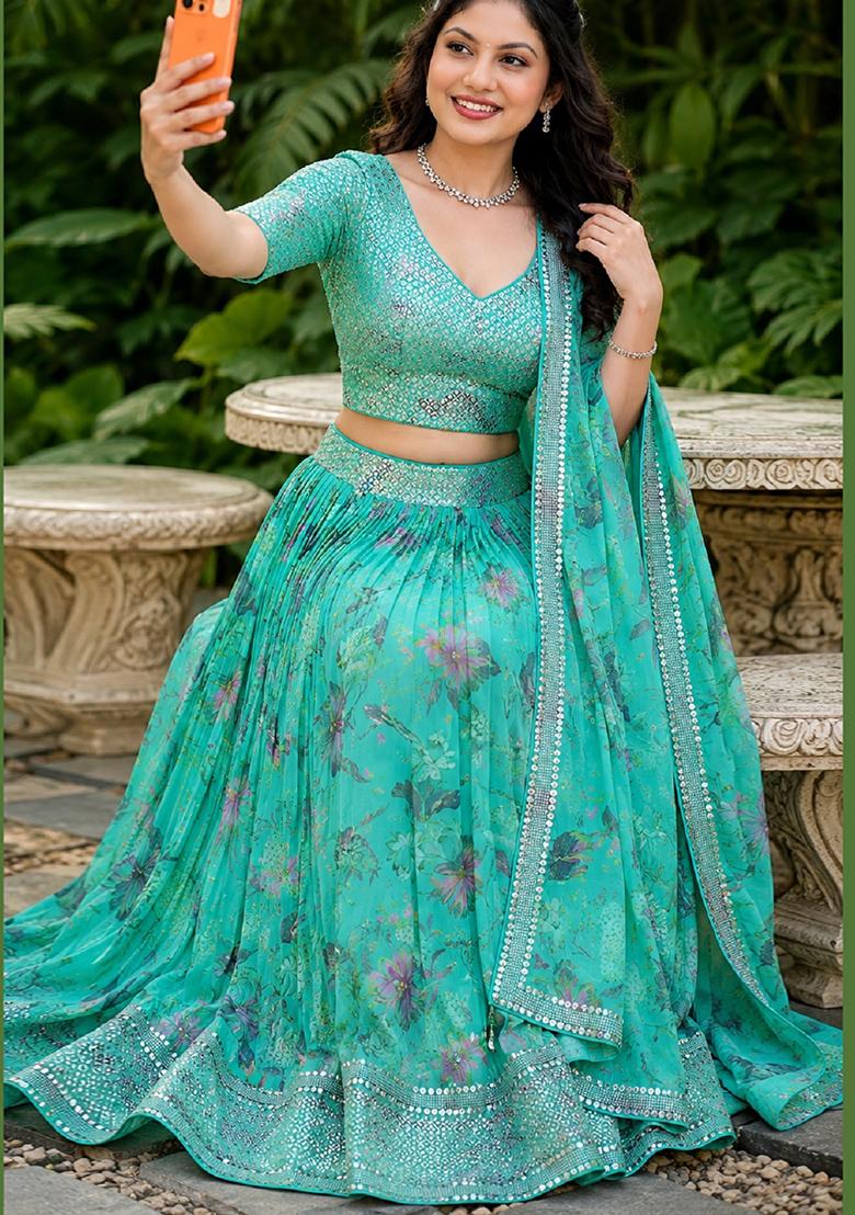 Blue Embroidery Organza Lehenga Set - Indya