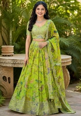 Parrot Green Embroidery Organza Lehenga Set