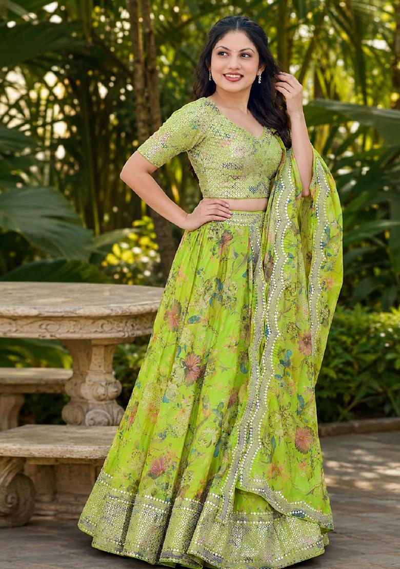 Parrot Green Embroidery Organza Lehenga Set - Indya