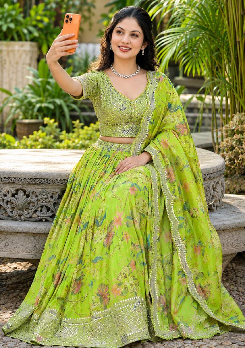 Parrot Green Embroidery Organza Lehenga Set - Indya