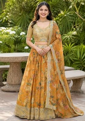 Orange Embroidery Organza Lehenga Set