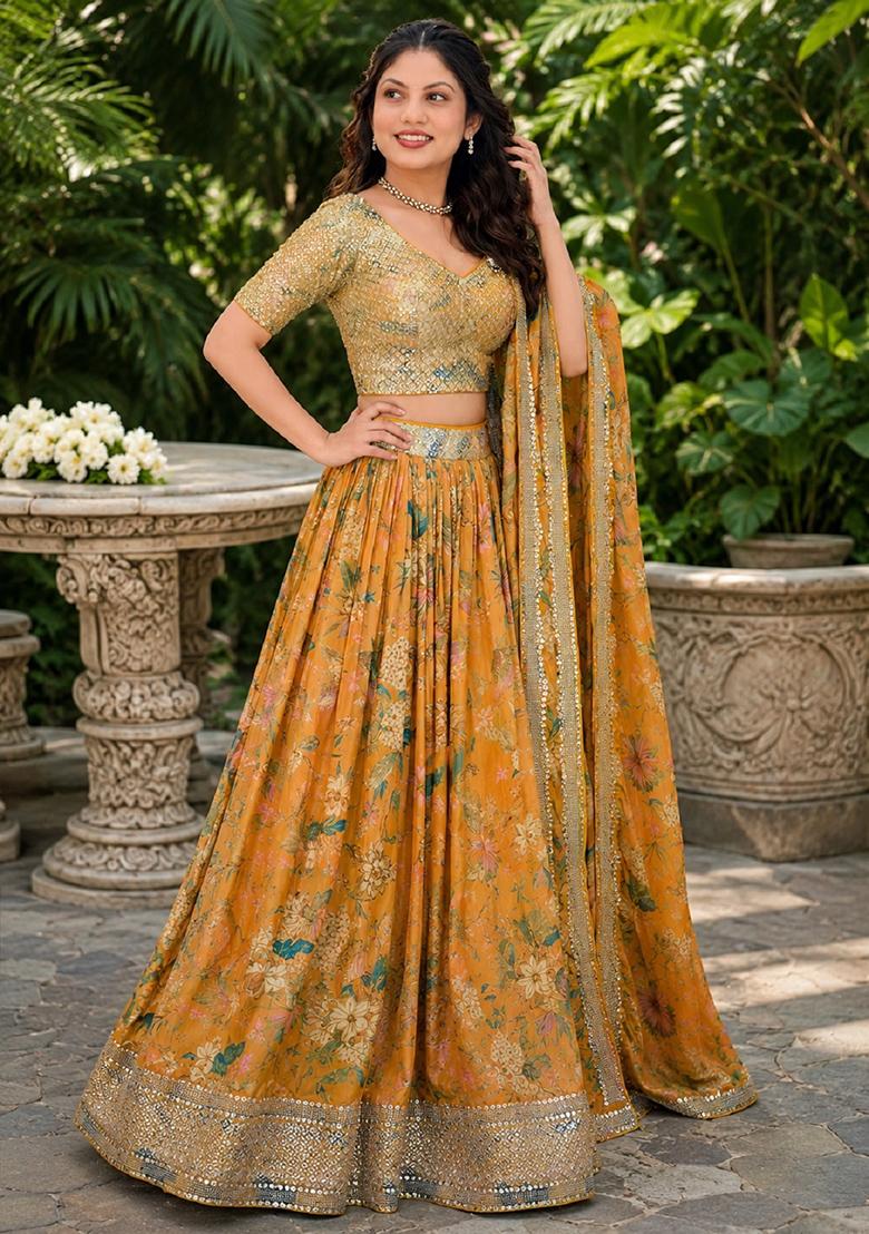 Orange Embroidery Organza Lehenga Set - Indya