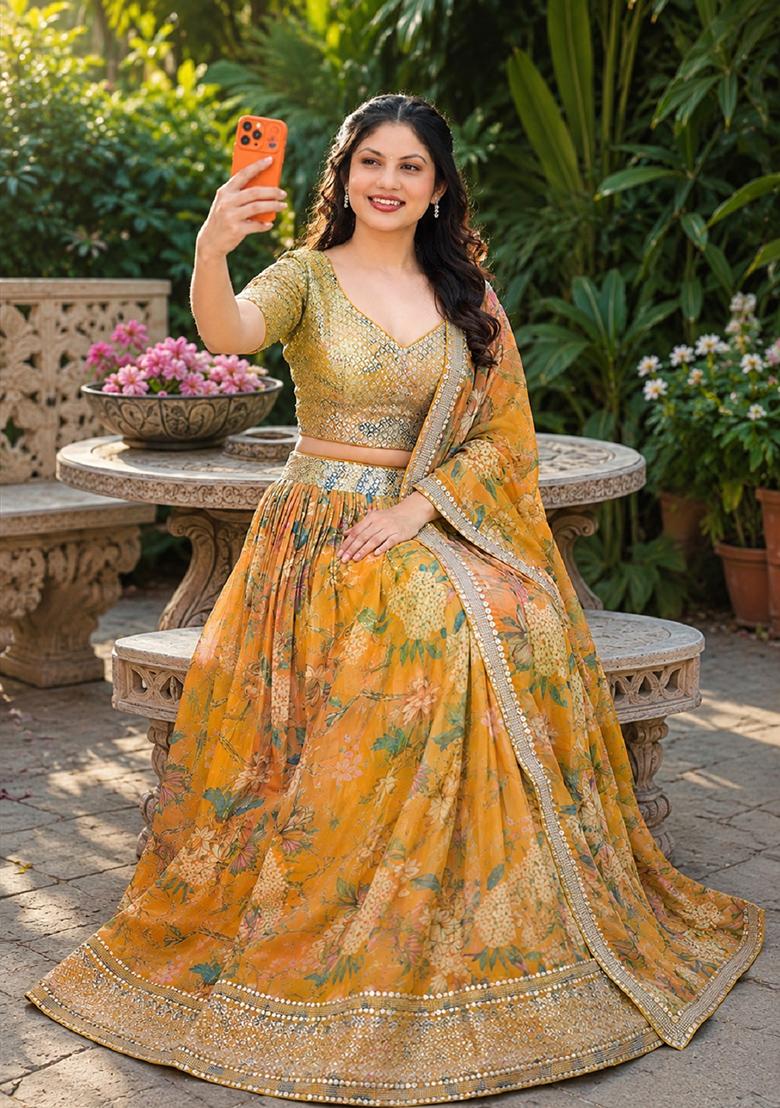 Orange Embroidery Organza Lehenga Set - Indya