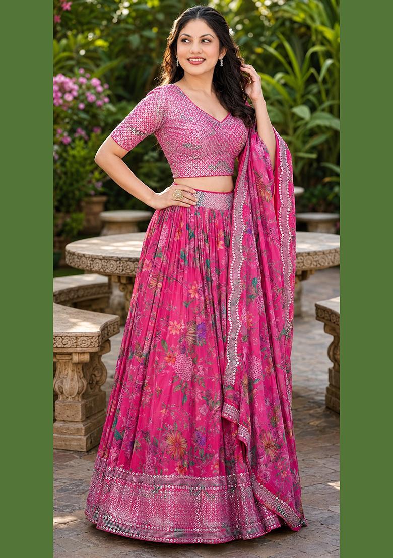 Pink Embroidery Organza Lehenga Set - Indya