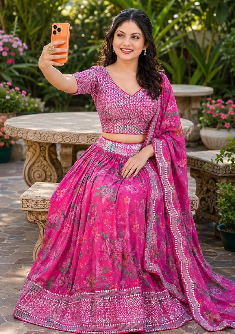 Pink Embroidery Organza Lehenga Set - Indya