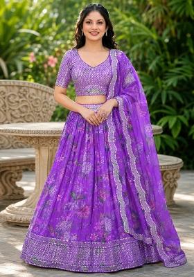 Purple Embroidery Organza Lehenga Set