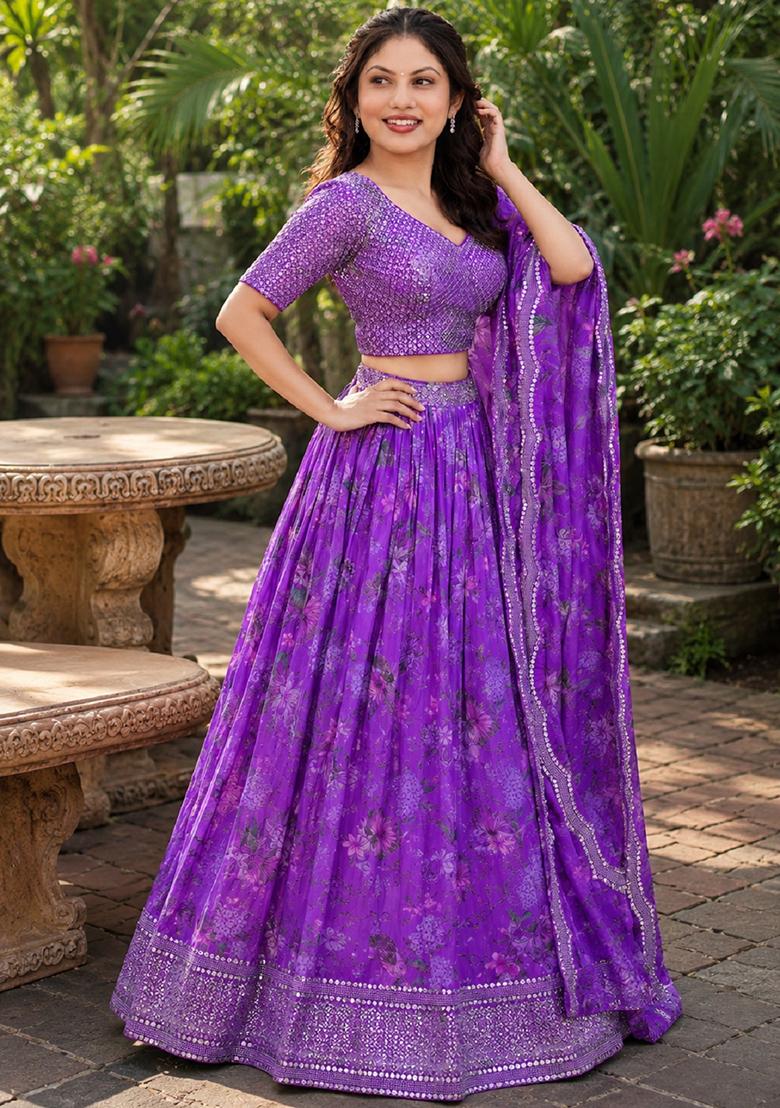 Purple Embroidery Organza Lehenga Set - Indya