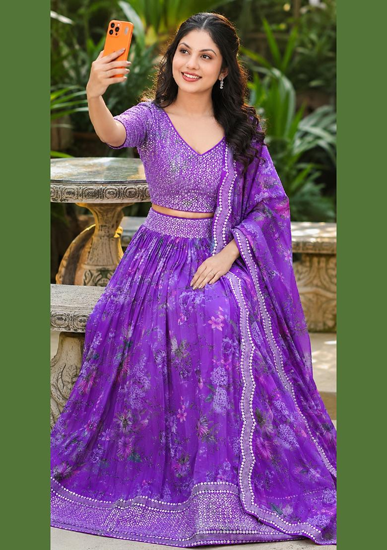 Purple Embroidery Organza Lehenga Set - Indya