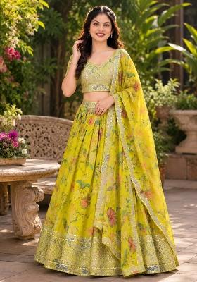 Yellow Embroidery Organza Lehenga Set