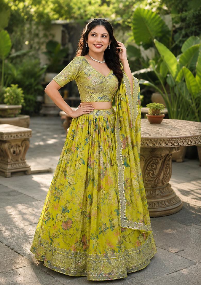 Yellow Embroidery Organza Lehenga Set - Indya