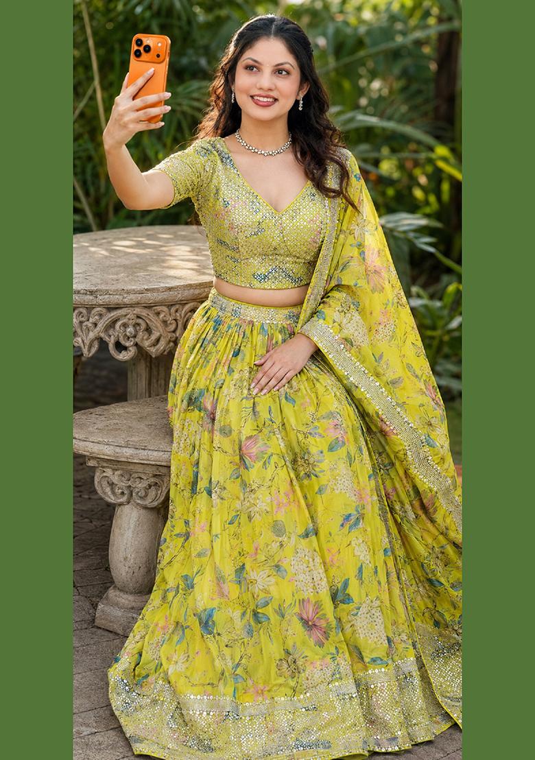 Yellow Embroidery Organza Lehenga Set - Indya