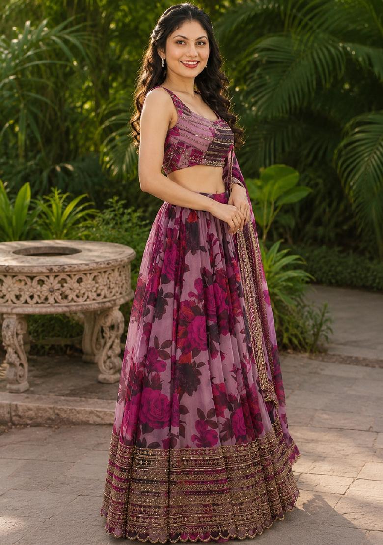 Pink Embroidery Organza Lehenga Set - Indya