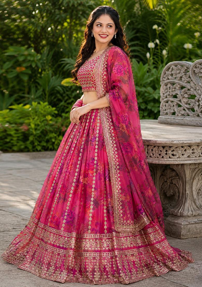 Pink Embroidery Organza Lehenga Set - Indya
