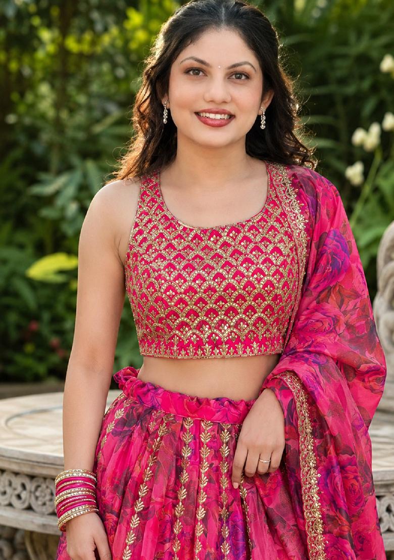 Pink Embroidery Organza Lehenga Set - Indya