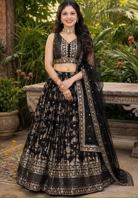 Black Embroidery Jacquard Lehenga Set