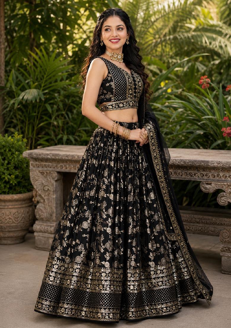 Black Embroidery Jacquard Lehenga Set - Indya