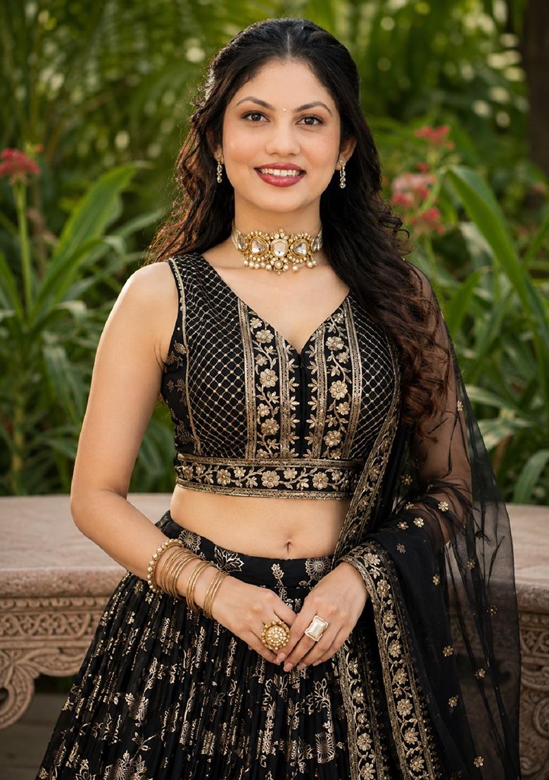 Black Embroidery Jacquard Lehenga Set - Indya