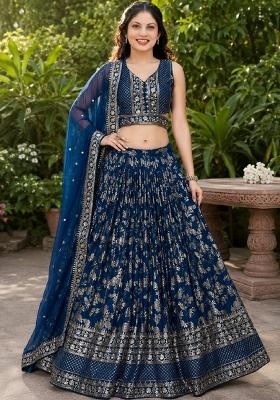 Blue Embroidery Jacquard Lehenga Set