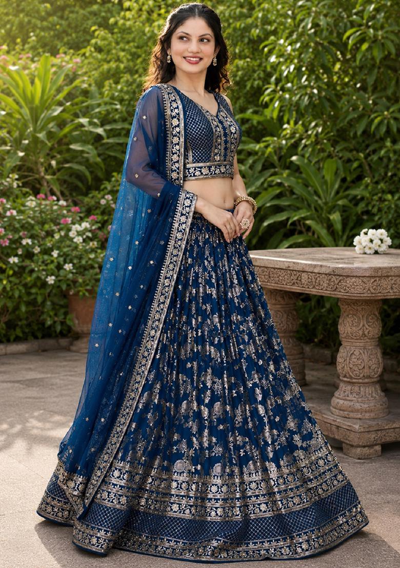 Blue Embroidery Jacquard Lehenga Set - Indya