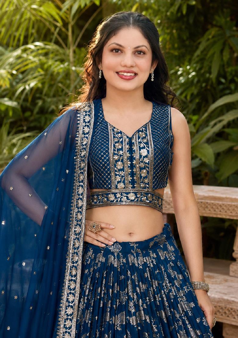 Blue Embroidery Jacquard Lehenga Set - Indya