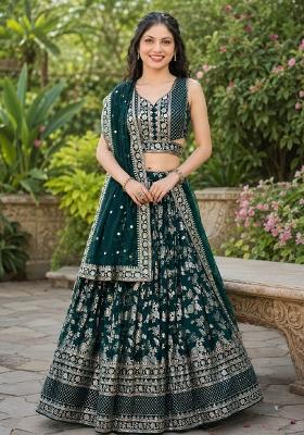 Green Embroidery Jacquard Lehenga Set