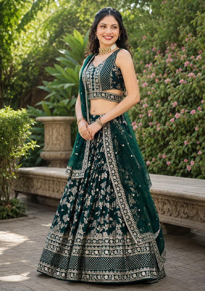 Green Embroidery Jacquard Lehenga Set - Indya