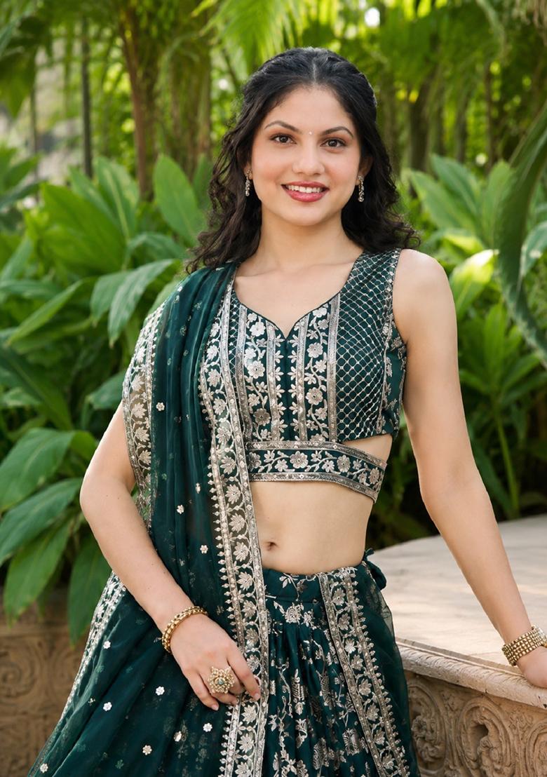 Green Embroidery Jacquard Lehenga Set - Indya
