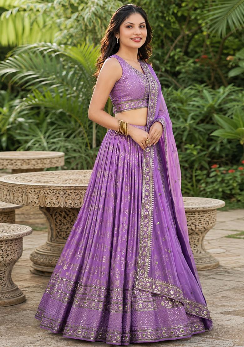 Lavender Embroidery Jacquard Lehenga Set - Indya