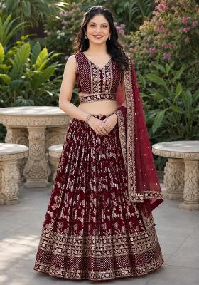 Maroon Embroidery Jacquard Lehenga Set