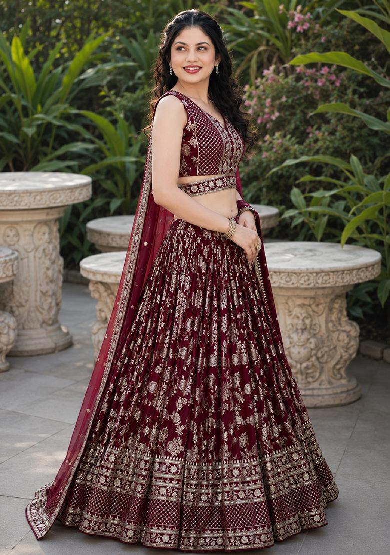 Maroon Embroidery Jacquard Lehenga Set - Indya